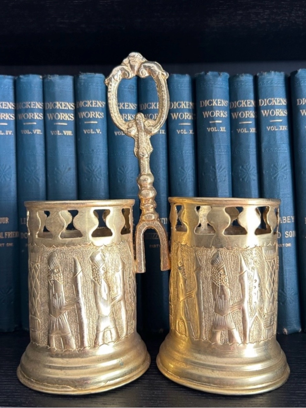 Vintage Persian Ornate Gold Double Cup Utensil Holder with Central Handle